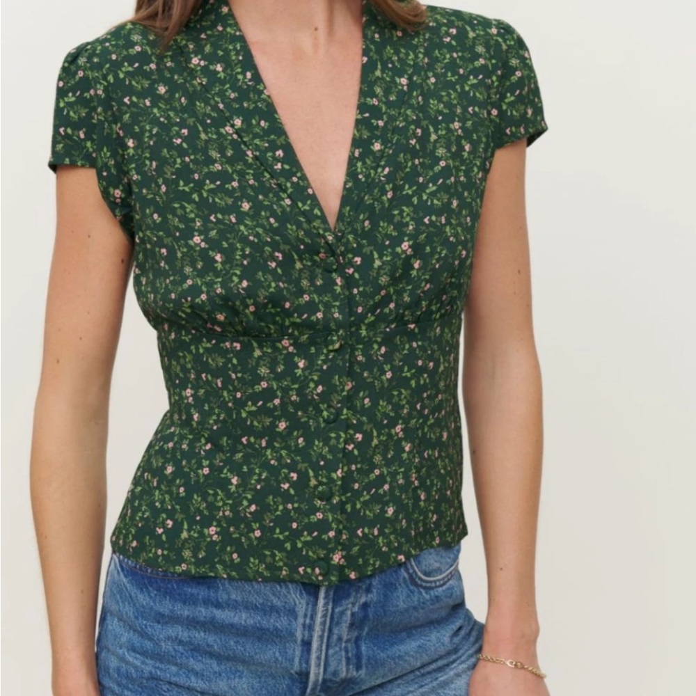 Reformation Renata Top (Size 6) Dark Green Floral Blouse